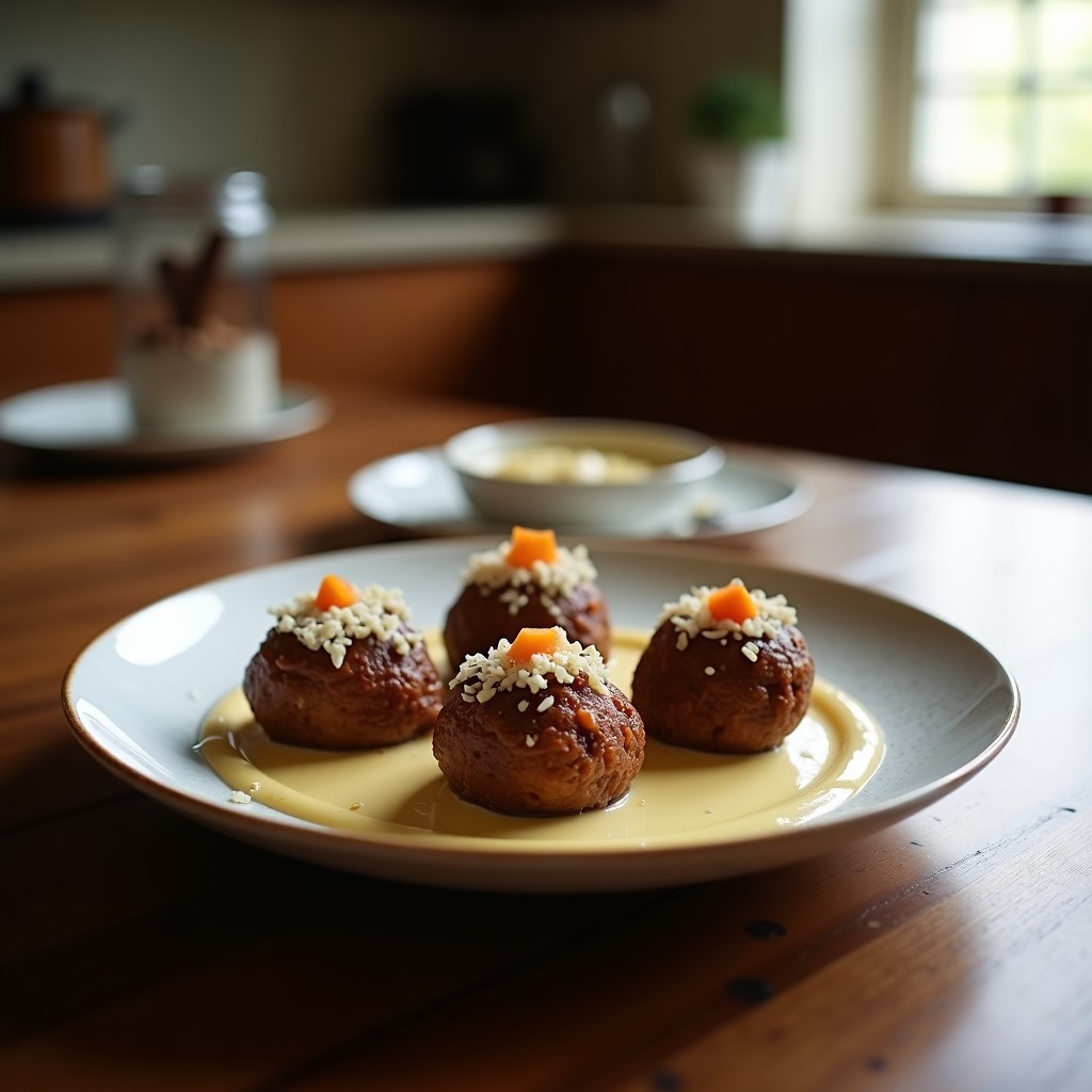Bolitas de dátiles y coco rellenas de crema de anacardos, postre crudivegano sin horno, decoradas con coco rallado y cacao en polvo sobre una bandeja de madera rústica.