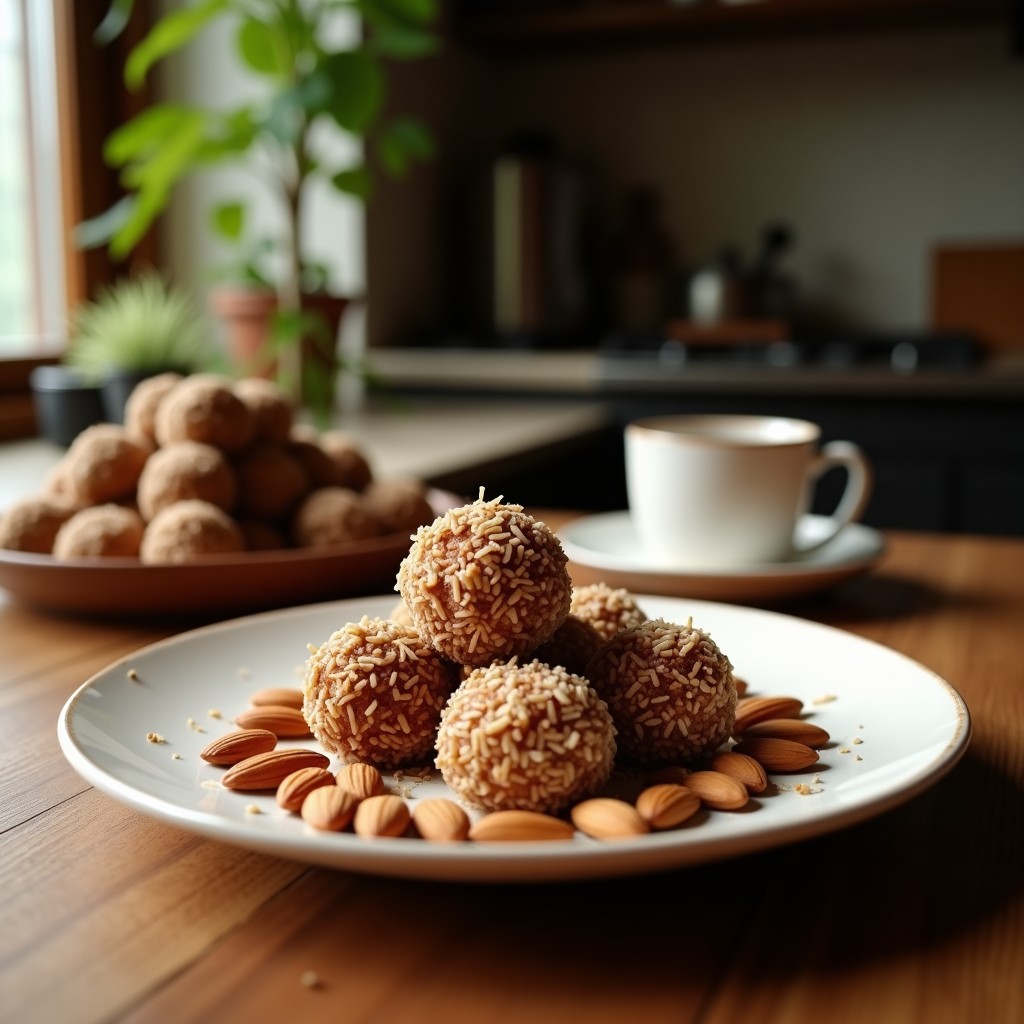 Bolitas doradas de dátiles y coco con almendras fileteadas tostadas, aperitivo energético keto en plato blanco rústico con fondo de madera oscura.