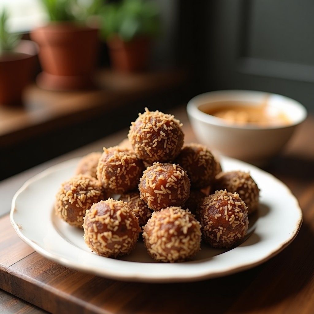 Bolitas de dátiles y coco con centro de mantequilla de cacahuete dispuestas en un plato blanco sobre fondo de madera clara, postre energético sin horno con textura crujiente y relleno cremoso.