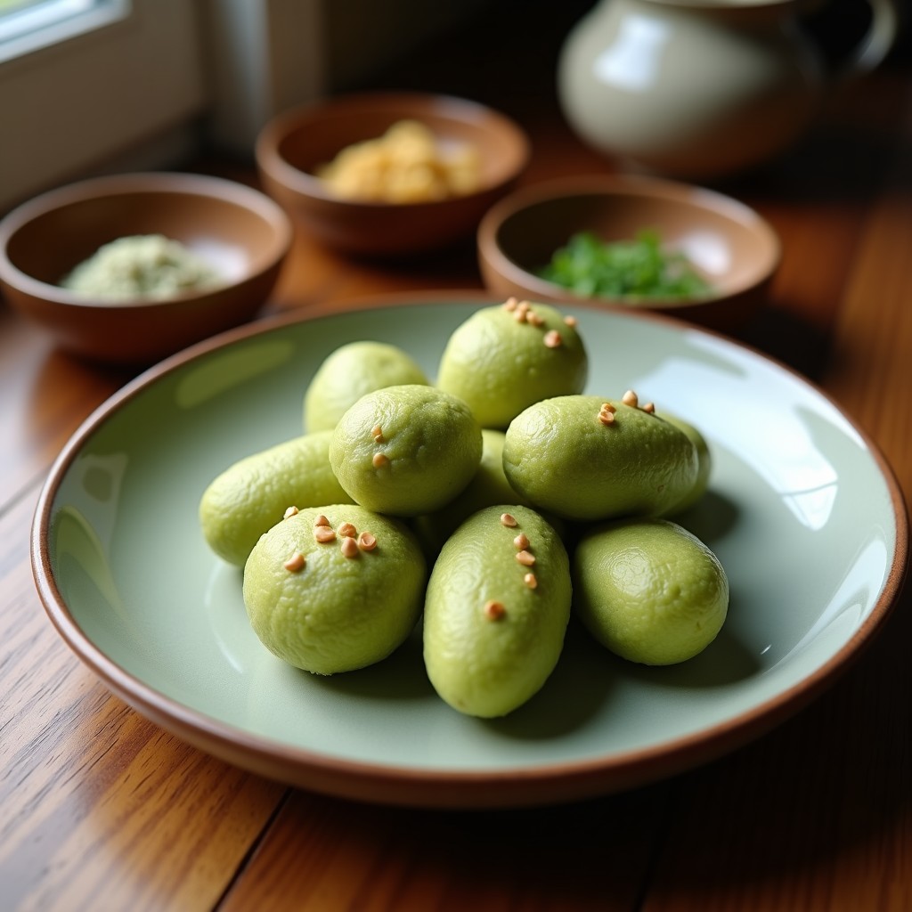 Bolitas de dátiles y coco con matcha dispuestas en un plato blanco sobre fondo de madera, con coco rallado espolvoreado y un toque de matcha en polvo a un lado. Postre vegano energético y sin azúcar.