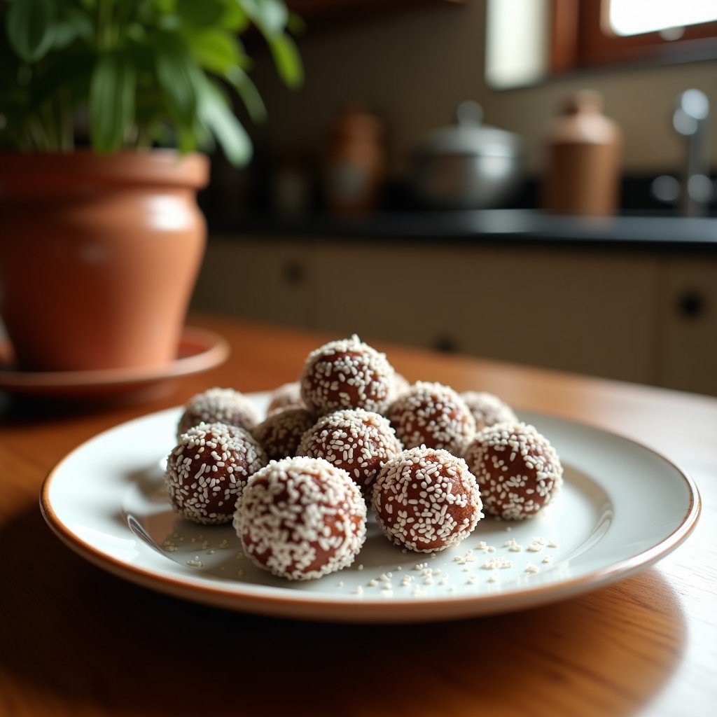 Bolitas de dátiles y coco rallado sobre un plato de cerámica blanca, con textura crujiente por fuera y aspecto húmedo por dentro. Postre vegano sin azúcar para niños, decorado con semillas de chía y coco extra.