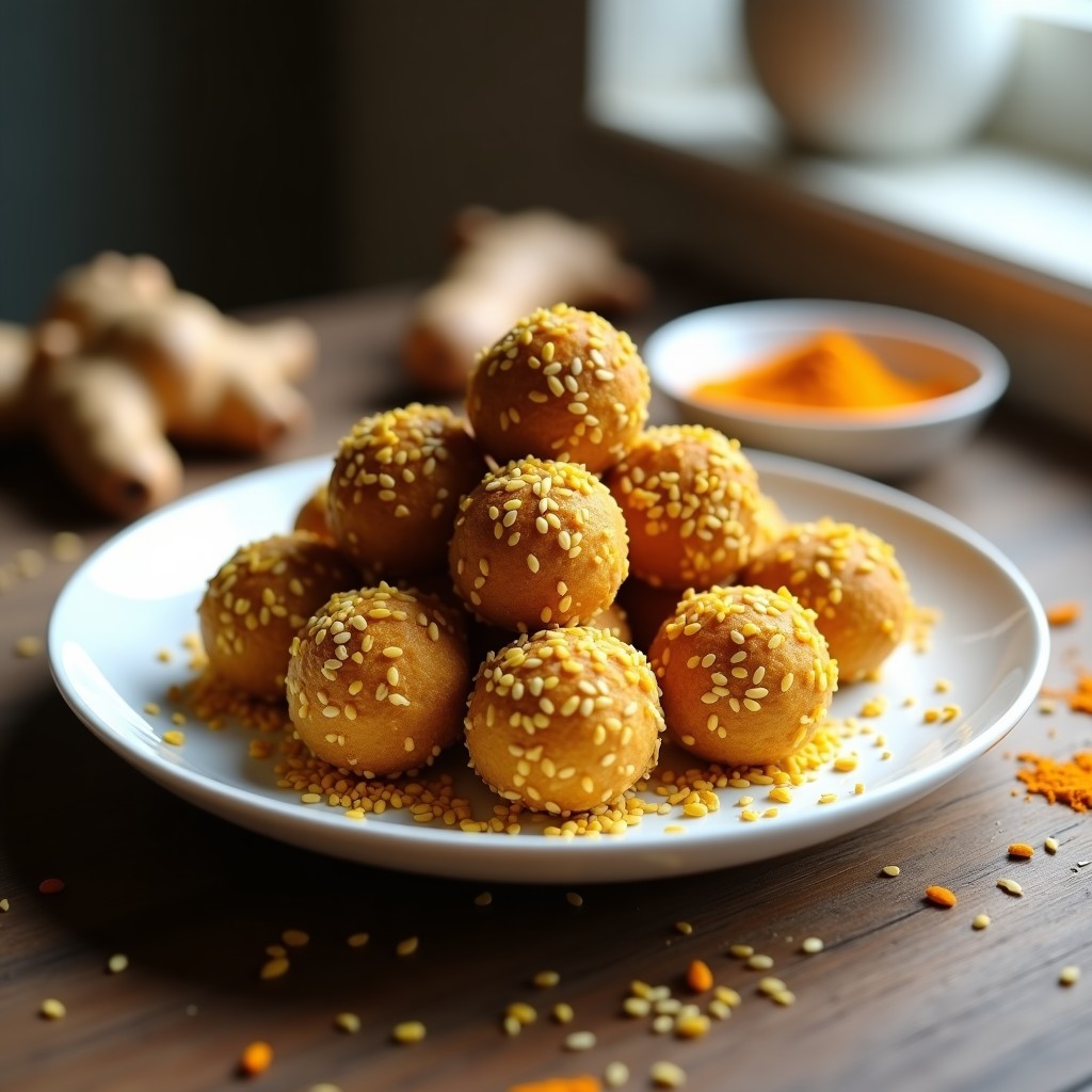 Bolitas doradas de dátiles con cúrcuma y jengibre, cubiertas de coco rallado y sésamo tostado, dispuestas en un plato blanco sobre fondo rústico de madera. Snack antiinflamatorio keto sin horno.