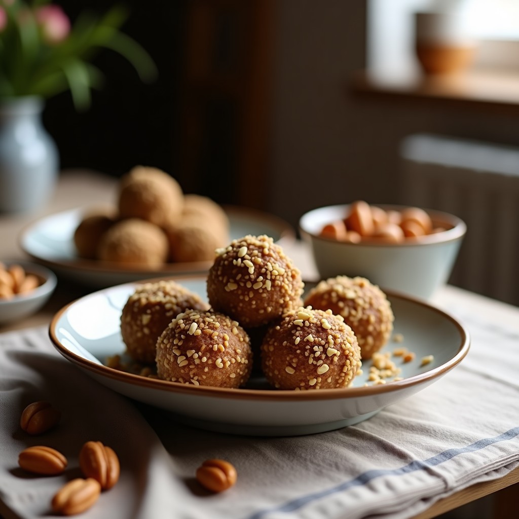 Bolitas de dátiles y nuez de macadamia crudiveganas, snack energético sin azúcar, cubiertas de coco rallado y semillas de sésamo negro, servidas en un plato de madera rústico con fondo borroso.
