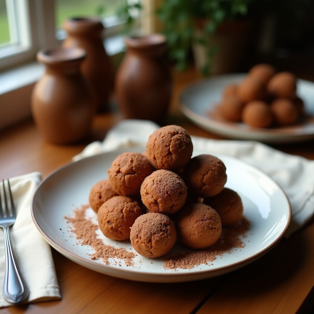 Bolitas energéticas de dátiles y nueces con cacao, veganas y sin azúcar, servidas en un plato blanco rústico con coco rallado y nueces picadas por encima. Fondos borrosos con más bolitas y ingredientes dispersos.
