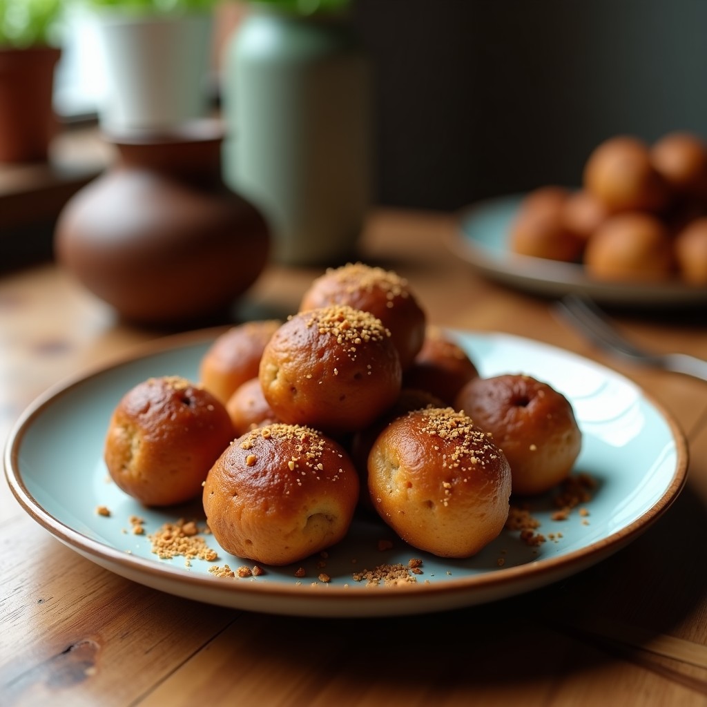 Bolitas de dátiles y nueces con cacao, energy balls sin cocinar y sin azúcar, servidas en un plato blanco sobre fondo rústico de madera, espolvoreadas con coco rallado y trozos de nuez, con un toque de cacao en polvo por encima.