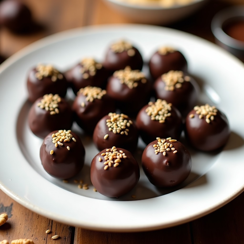 Bolitas de dátiles y nueces con cobertura de chocolate 100% sobre papel vegetal, espolvoreadas con semillas de sésamo, snack energético natural para deportistas.