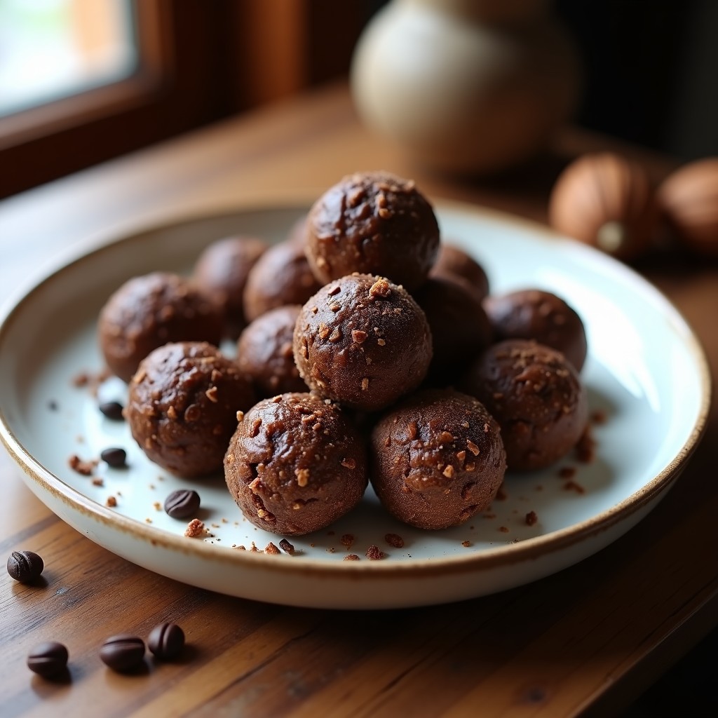 Bolitas de dátiles y nueces con cobertura de cacao nibs sobre una bandeja de madera, postre energético sin cocinar, textura crujiente y brillo natural.