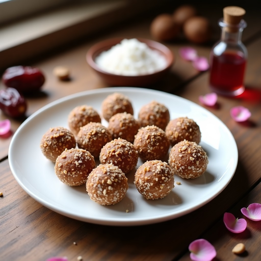 Bolitas de dátiles y nueces con esencia de rosa, snack vegano sin horno, cubiertas de coco rallado y presentadas en un plato de cerámica blanca sobre fondo rústico de madera.