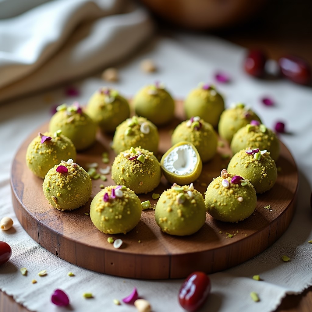 Bolitas de dátiles y pistacho con relleno de queso de anacardo, postre raw sin horno, decoradas con pistachos picados y coco rallado sobre una bandeja de madera oscura con hojas de menta fresca.