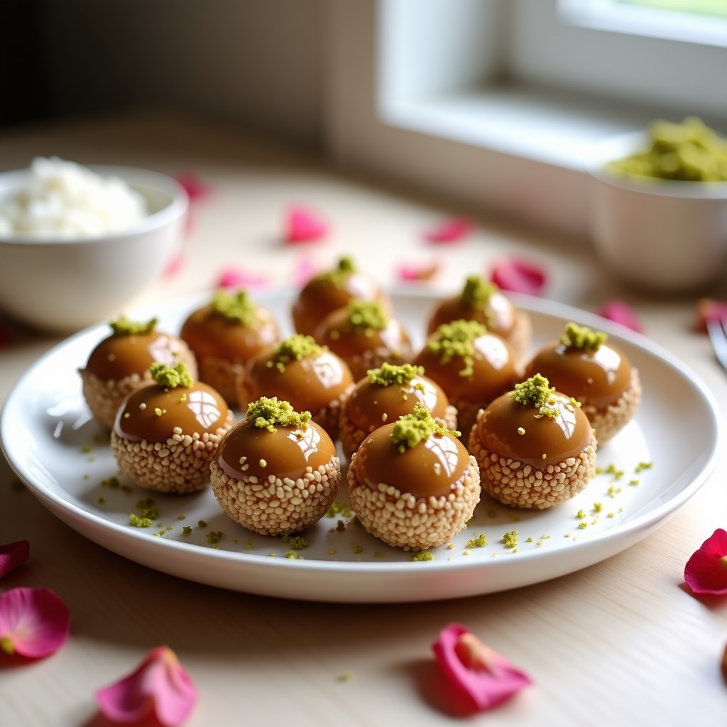 Bolitas de dátiles y pistacho con esencia de rosa dispuestas en un plato de cerámica blanca, decoradas con coco rallado, semillas de sésamo y trozos de pistacho tostado, sobre un fondo de madera clara con pétalos de rosa esparcidos.