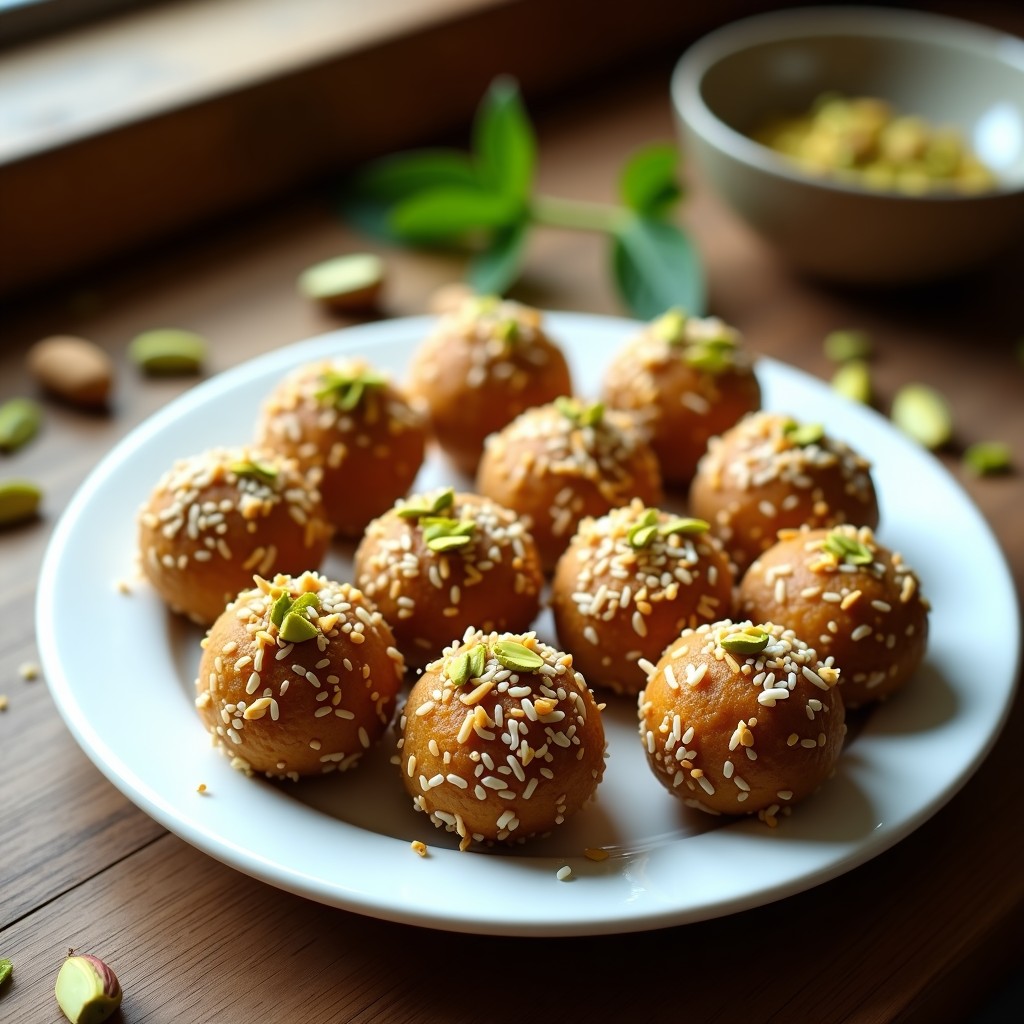 Bolitas de dátiles y pistacho con toque árabe dispuestas en bandeja de madera, cubiertas de coco rallado y pistachos picados, con fondo de especias como cardamomo y canela.