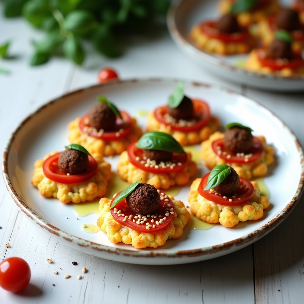 Plato blanco con bases de pizza de coliflor crujientes, decoradas con tiras de tomate seco y acompañadas de bolitas de dátiles cubiertas de semillas de sésamo. Aperitivo keto sin horno, colorido y apetitoso.