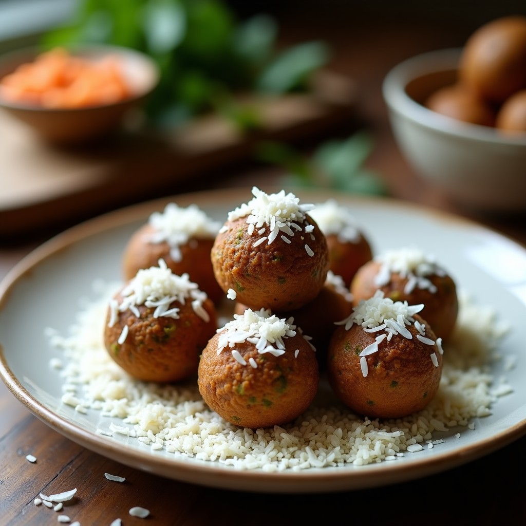 Bolitas redondas de color marrón dorado cubiertas de coco rallado blanco, dispuestas en una bandeja de madera rústica con hojas de menta como decoración. Postre energético sin harina con dátiles y proteína de guisante.