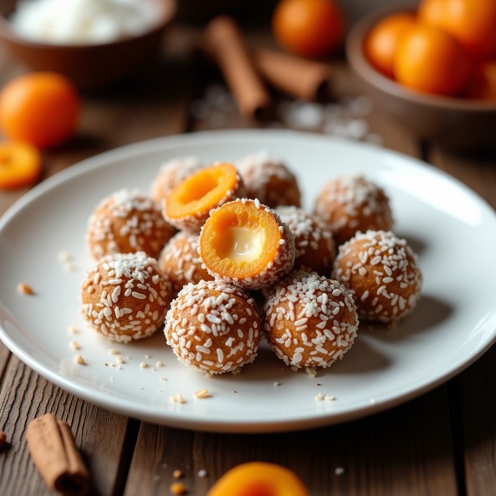 Bolitas redondas y doradas de dátiles y queso de albaricoque crudivegano, cubiertas de coco rallado y decoradas con almendras fileteadas, sobre un plato de cerámica blanca con un toque de canela espolvoreada.