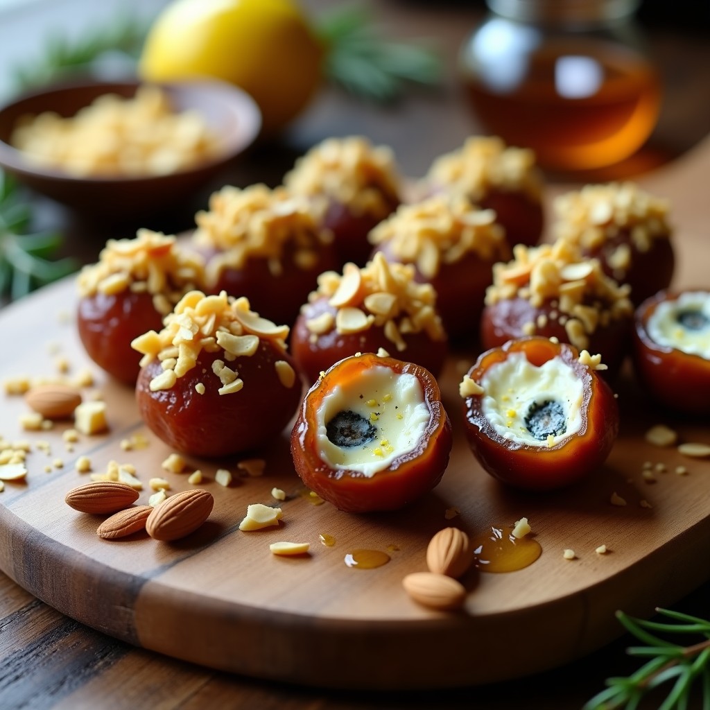 Bolitas de dátiles Medjool rellenas de queso azul cremoso, cubiertas de pistachos triturados, dispuestas en bandeja de madera con hilo de miel y hojas de menta como decoración. Entrante gourmet sin horno.