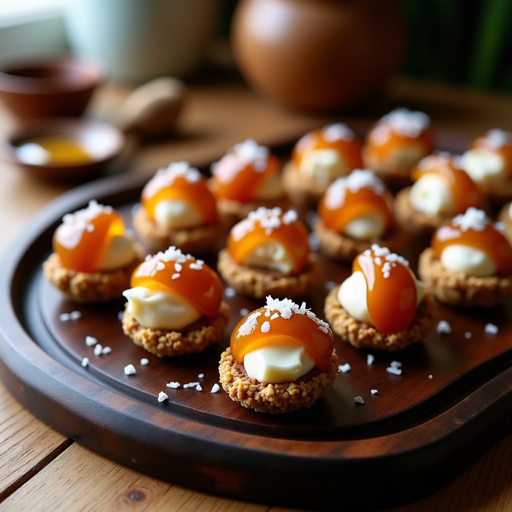 Bolitas de dátiles rellenas de queso de cabra cremoso, cubiertas de nueces picadas y coco rallado, servidas en una fuente de madera oscura con sal en escamas y un toque de miel. Aperitivo dulce-salado sin horno.