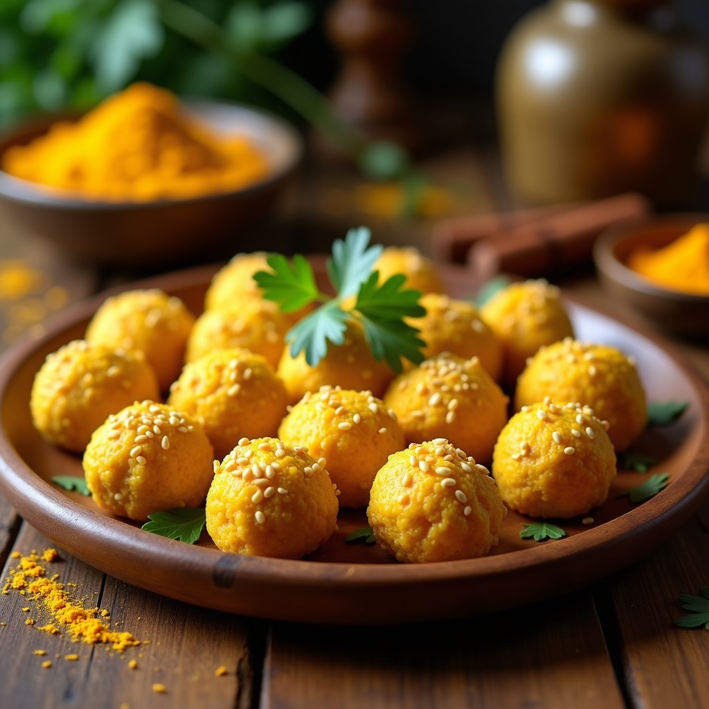 Bolitas doradas de dátiles y queso de cúrcuma vegano, rebozadas en coco rallado y pistachos picados, servidas en un plato de cerámica blanca con hojas de menta y un fondo rústico de madera. Aperitivo indú sin horno.