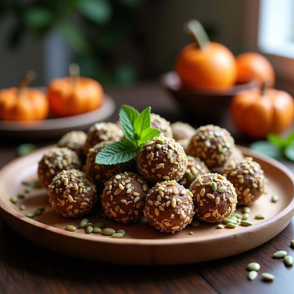 Bolitas energéticas veganas de dátiles y semillas de calabaza, con textura crujiente por fuera y cremosa por dentro, decoradas con semillas de sésamo negro y copos de avena.