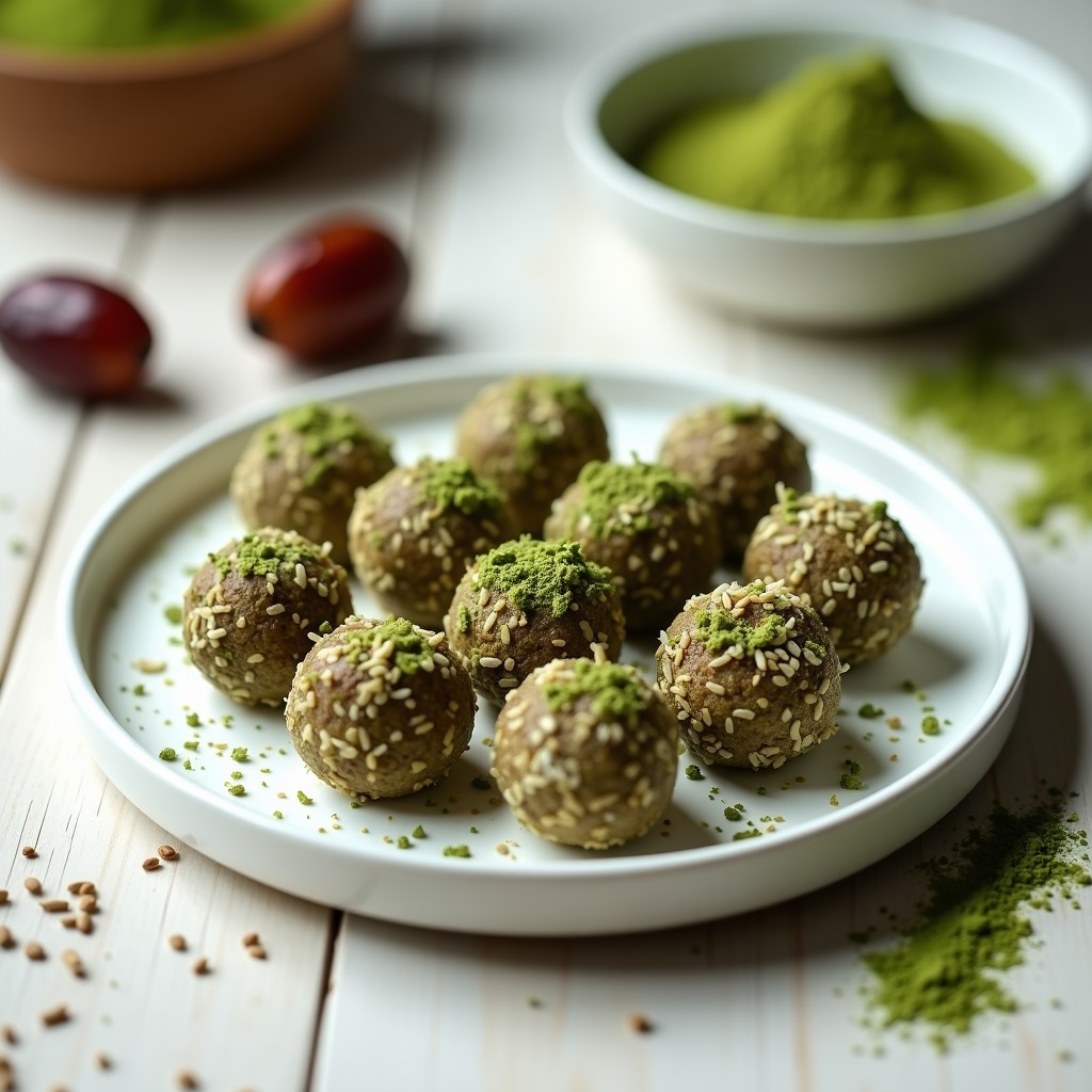 Bolitas de dátiles y semillas de chía con matcha rebozadas en coco rallado, dispuestas en un plato blanco sobre fondo de madera clara, snack vegano sin horno.