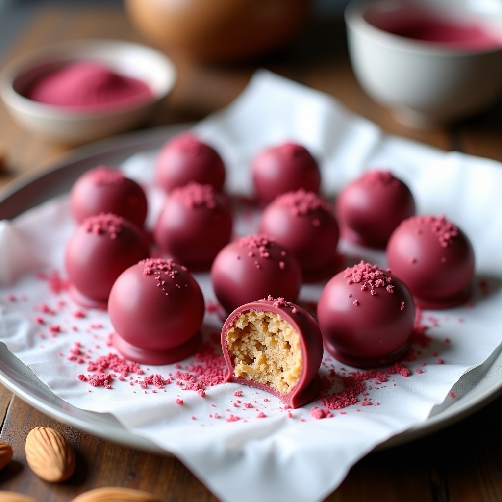 Bolitas de dátiles y tahini bañadas en chocolate ruby brillante, decoradas con pimienta rosa molida sobre papel de horno blanco. Postre vegano sin horno con textura cremosa y crujiente.