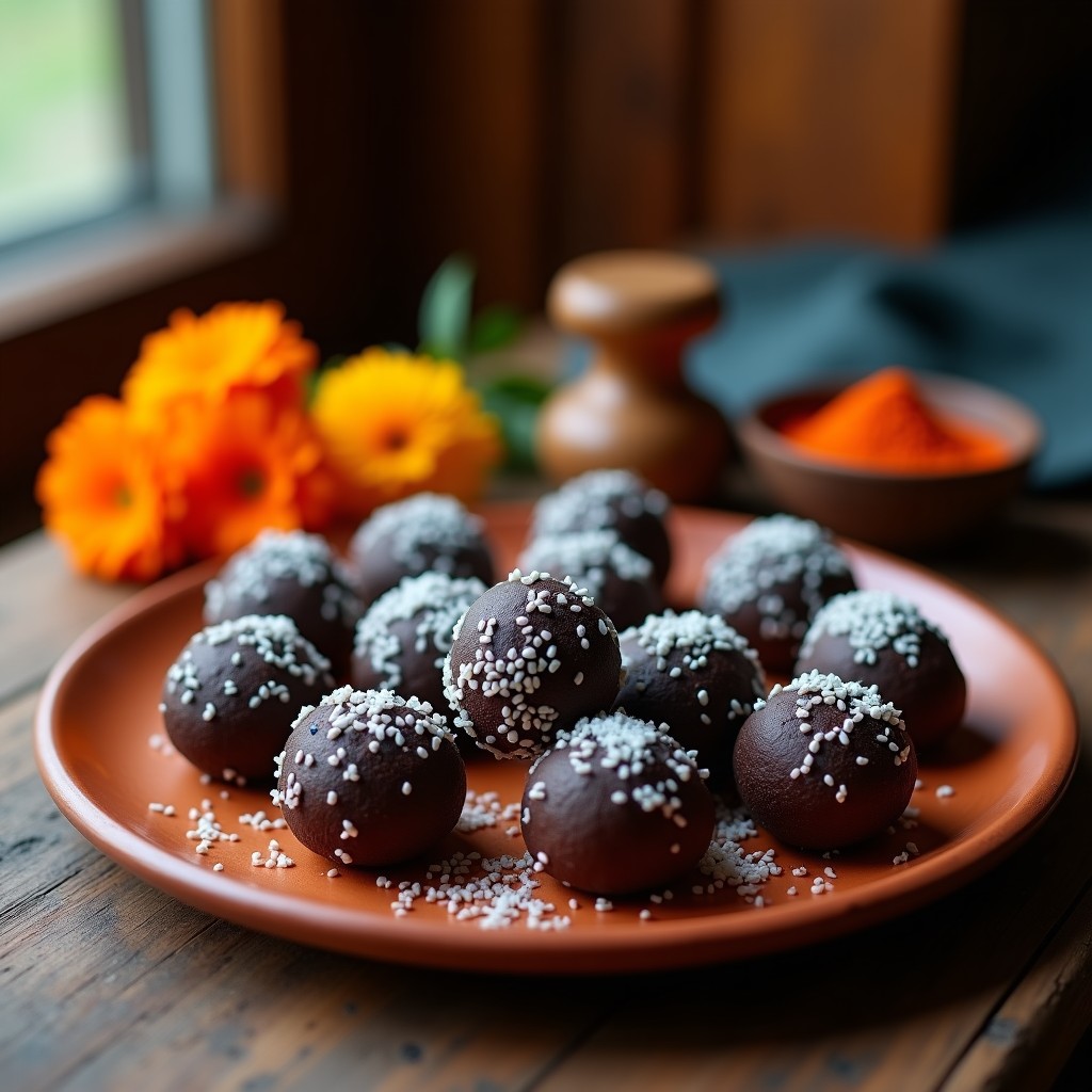 Bolitas de Día de los Muertos con chocolate y chile sin azúcar, postre mexicano tradicional. Bolitas oscuras rebozadas en coco rallado y chile en polvo, dispuestas en un plato de barro con decoración festiva de caléndulas y velas.