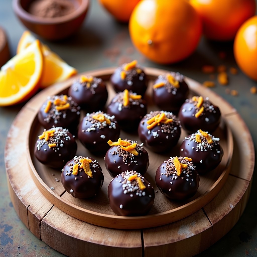 Bolitas energéticas keto de cacao y almendras con esencia de naranja, dispuestas en una bandeja de madera rústica con coco rallado y rodajas de naranja fresca al fondo.