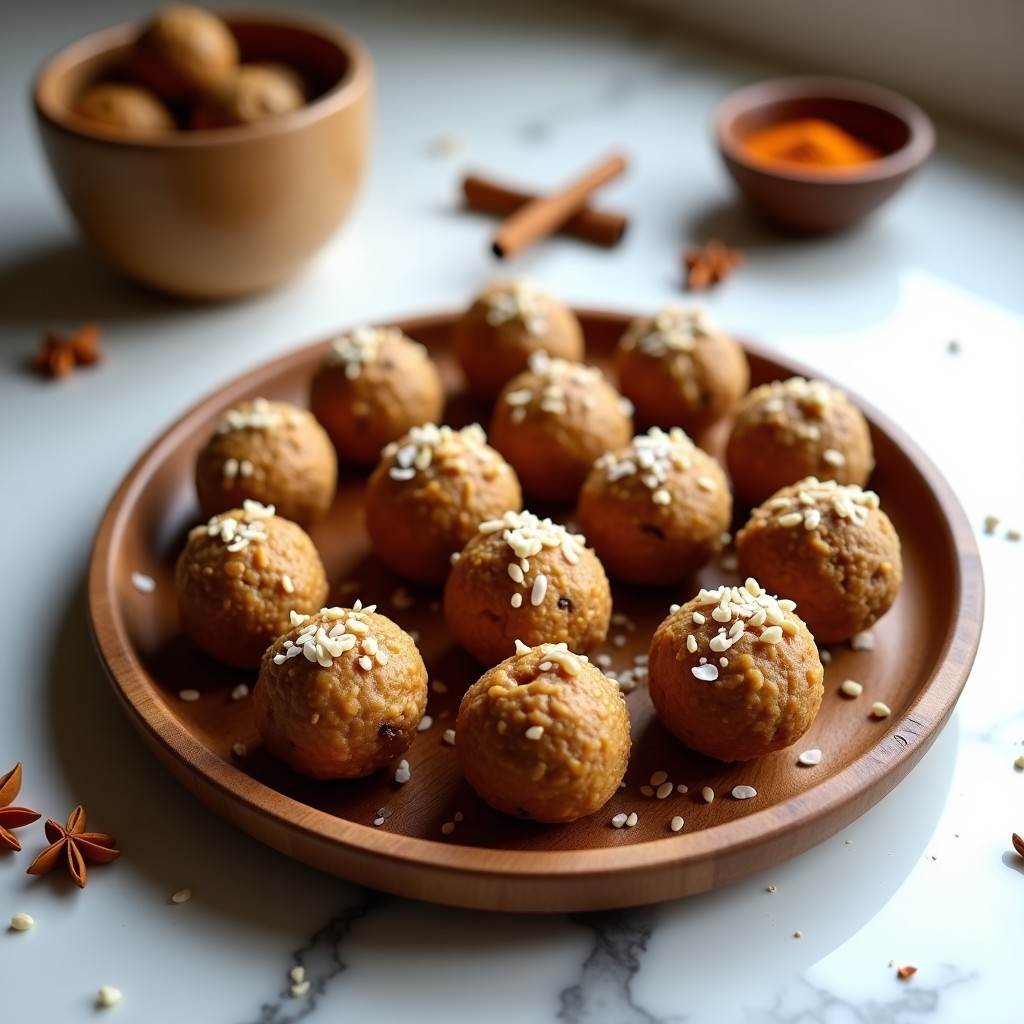 Bolitas energéticas de dátiles y nueces con especias de chai, rebozadas en coco rallado, dispuestas en una bandeja de madera rústica con especias al fondo.