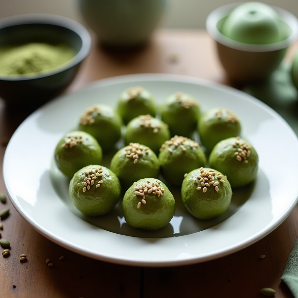 Bolitas energéticas de matcha y semillas de chía, snack keto sin horno, con textura crujiente de sésamo y color verde vibrante, servidas en un plato blanco sobre fondo de madera.