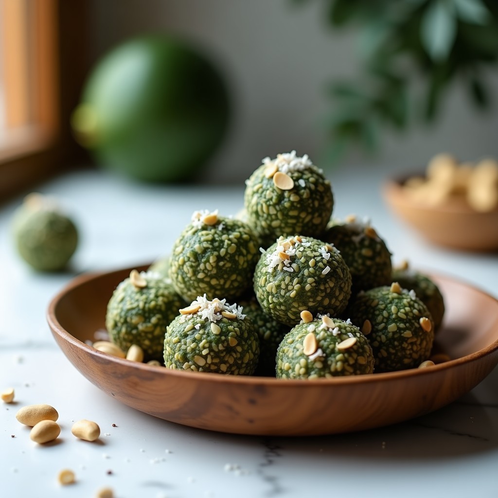 Bolitas de energía de cacahuete y espirulina dispuestas en un plato de madera rústica, cubiertas con coco rallado y espolvoreadas con semillas de cáñamo, snack proteico sin azúcar.