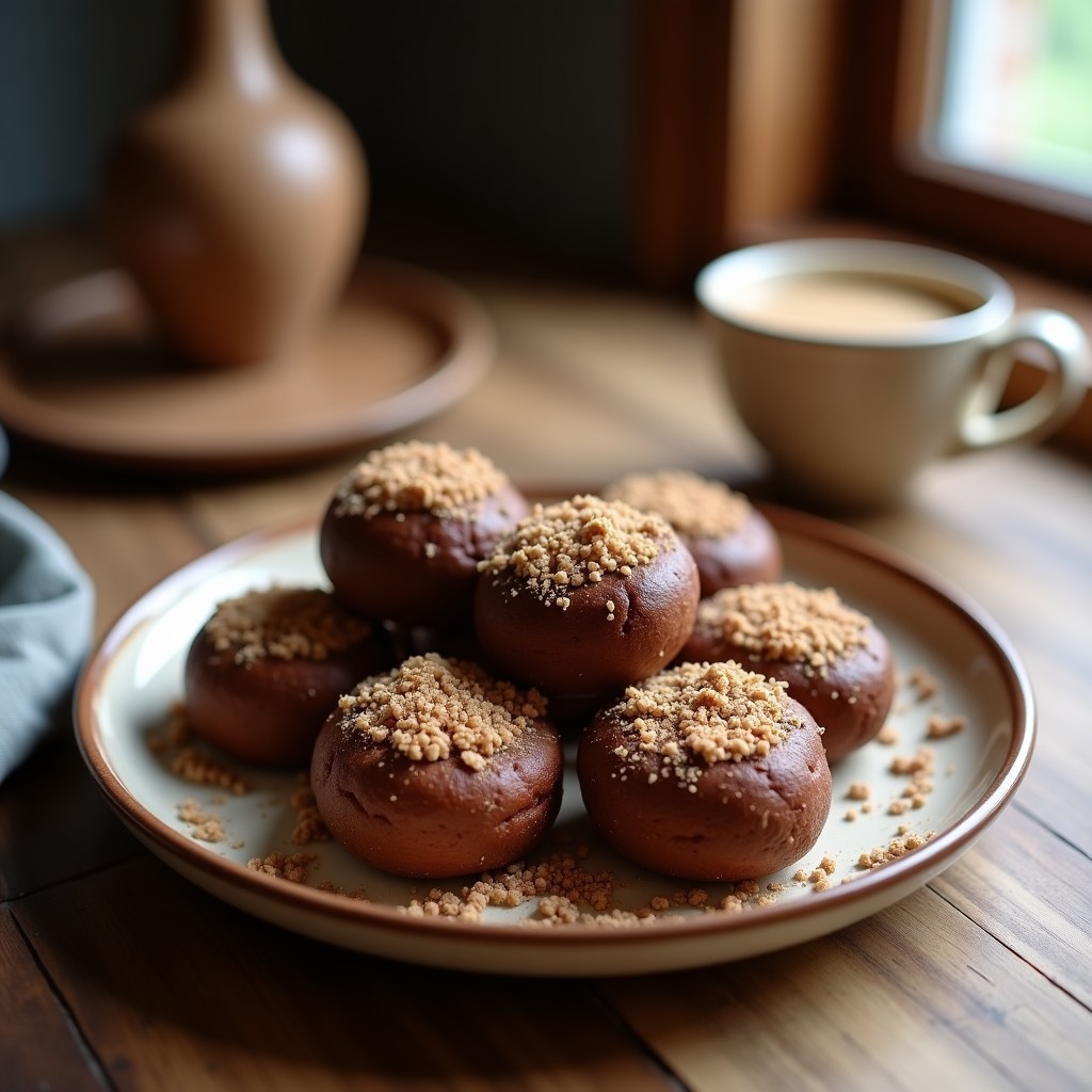 Bolitas de énergie de cacao y avellanas con maca sobre una bandeja de madera rústica, decoradas con coco rallado y trocitos de avellana, snack vegano sin horno y alta en energía.