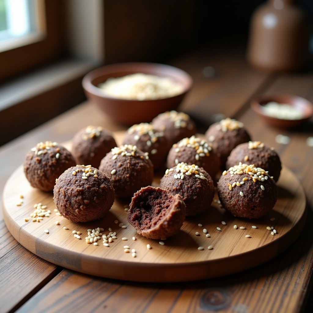 Bolitas de energy de maca y cacao sobre un plato de madera oscuro, con coco rallado visible en la superficie, acompañadas de semillas de sésamo y trozos de almendra. Snack peruano sin azúcar para deporte.