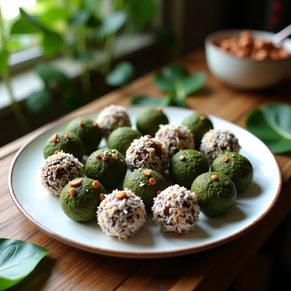 Bolitas de espirulina y cacao con nuez de Brasil dispuestas en un plato de cerámica blanca, con coco rallado por encima y un fondo de hojas verdes. Snack energético sin horno y sin azúcar.