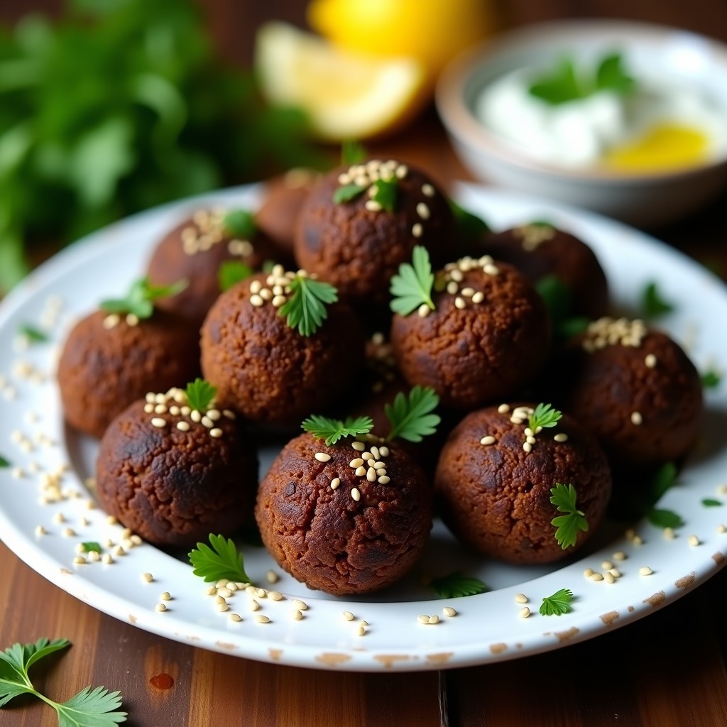 Bolitas de falafel de garbanzo negro doradas y crujientes en cesta de airfryer, con semillas de sésamo visibles y acompañadas de salsa cremosa y hierbas frescas. Receta aperitivo crunchy sin harina.