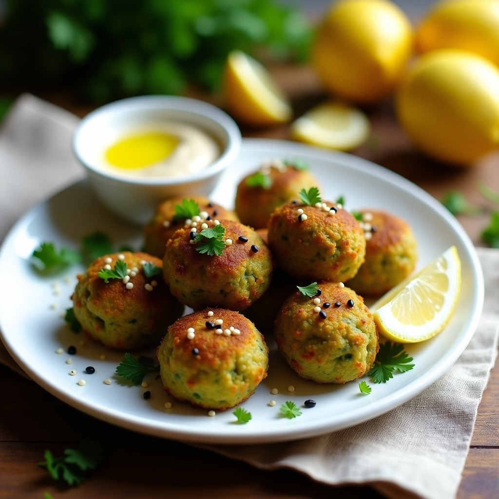 Bolitas de falafel de garbanzos verdes doradas y crujientes en un plato blanco, acompañadas de salsa de tahini cremosa espolvoreada con semillas de sésamo y decoradas con hojas de perejil fresco. Receta keto en airfryer, aperitivo saludable y sin gluten.