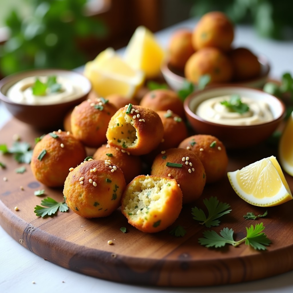 Bolitas de falafel al horno doradas y crujientes, con harina de garbanzo y hierbas frescas, dispuestas en una bandeja de madera con semillas de sésamo. Acompañadas de un bol de hummus y rodajas de limón, receta árabe sin gluten.
