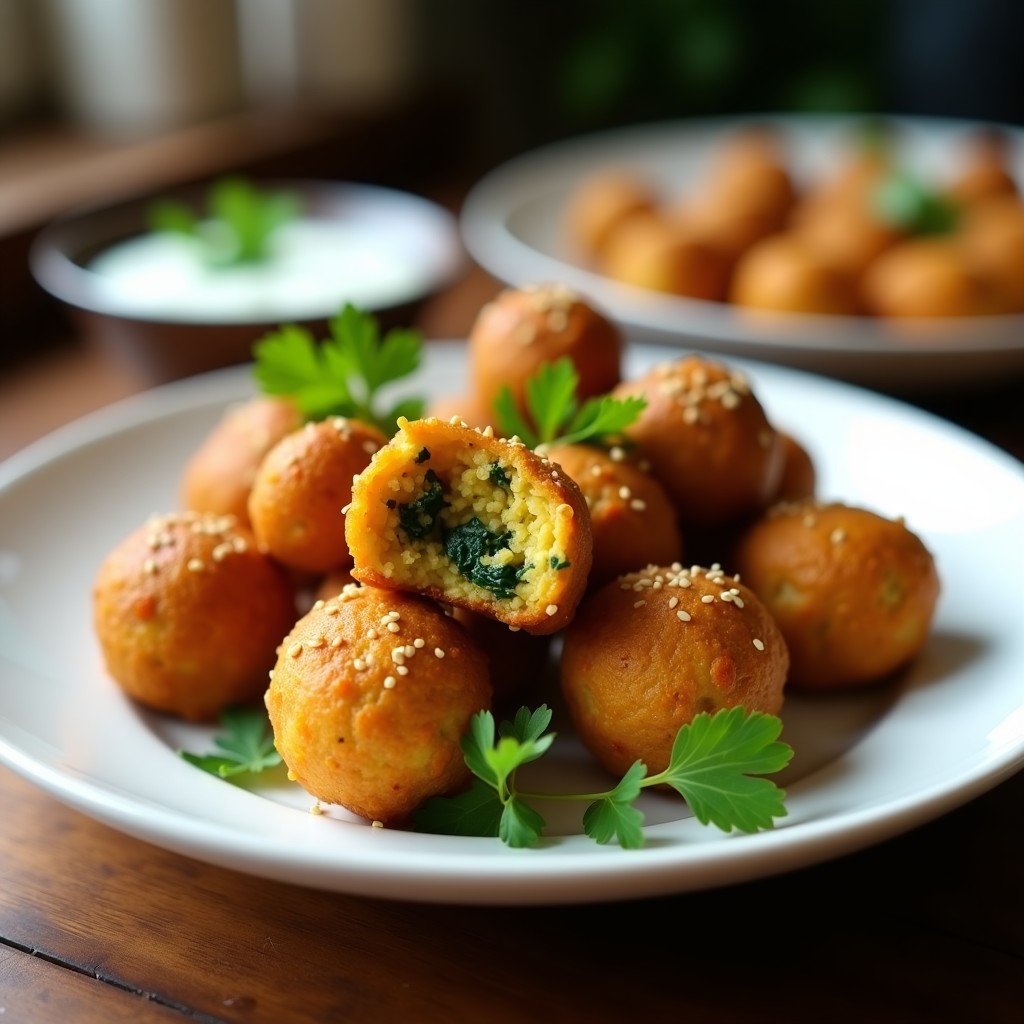 Bolitas doradas y crujientes de garbanzo y espinacas al curry, servidas en un plato blanco con salsa de yogur y decoradas con cilantro fresco. Receta indio vegana en airfryer.