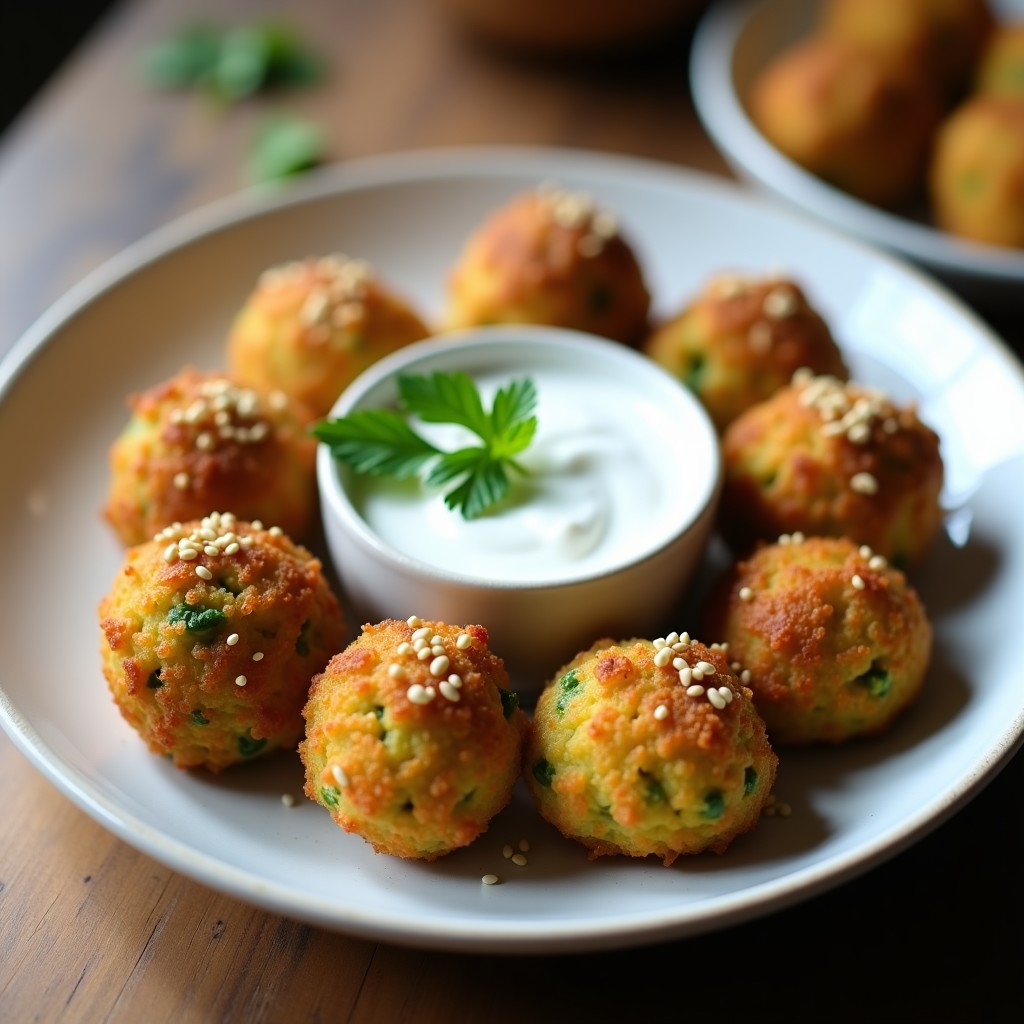 Bolitas doradas y crujientes de garbanzo y espirulina con semillas de sésamo, servidas en un plato blanco con un bol de yogur de soja cremoso para mojar. Aperitivo keto en airfryer sin harina, ideal para dietas saludables.