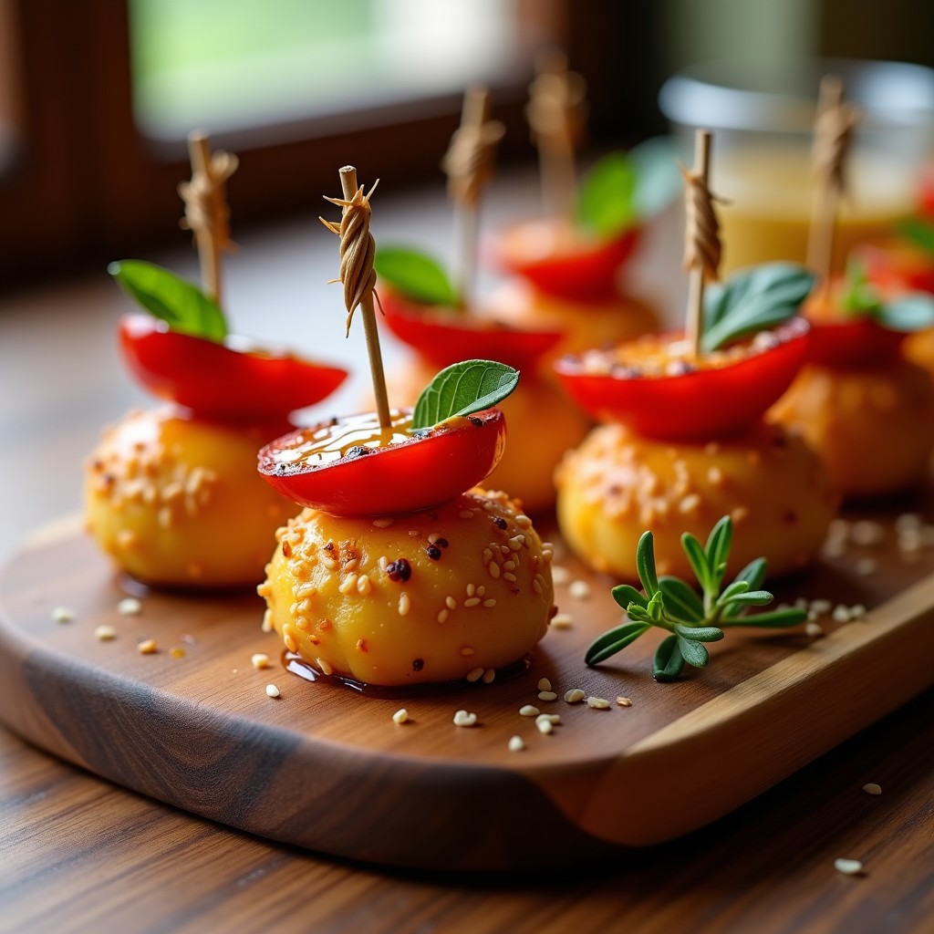 Brochetas doradas con bolitas de queso halloumi y trozos de pimiento asado, glaseadas con miel de tomillo y decoradas con semillas de sésamo sobre un plato de madera rústico. Receta de aperitivo al grill con fondo borroso de hierbas frescas.