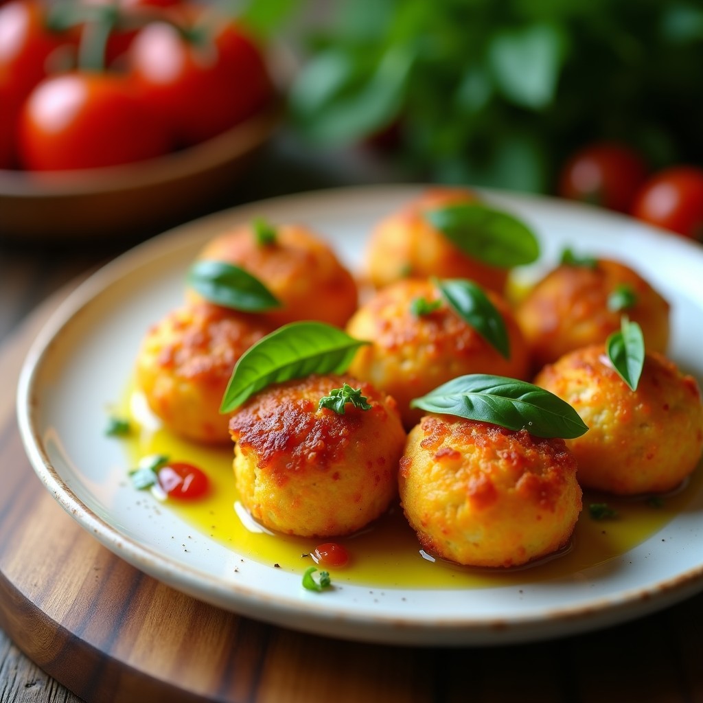 Bolitas doradas y crujientes de queso halloumi al horno con trocitos de tomates secos, servidas en un plato blanco rústico con hojas de albahaca fresca y un hilo de aceite de oliva. Aperitivo chipriota fácil y rápido.