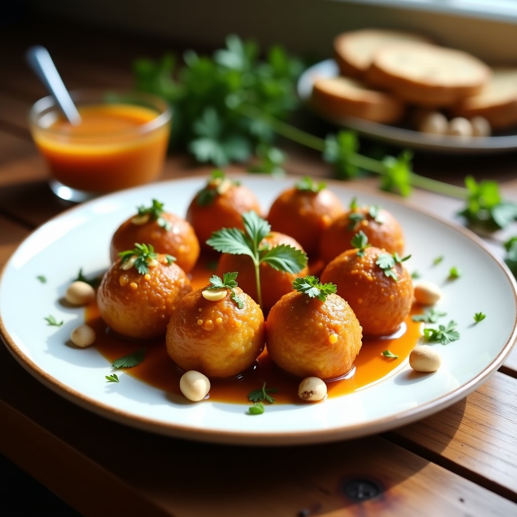 Bolitas doradas y crujientes de jackfruit y avellanas servidas en un plato blanco con salsa de tamarindo espesa y brillante, decoradas con cilantro fresco y semillas de sésamo, receta vegana alta en fibra.