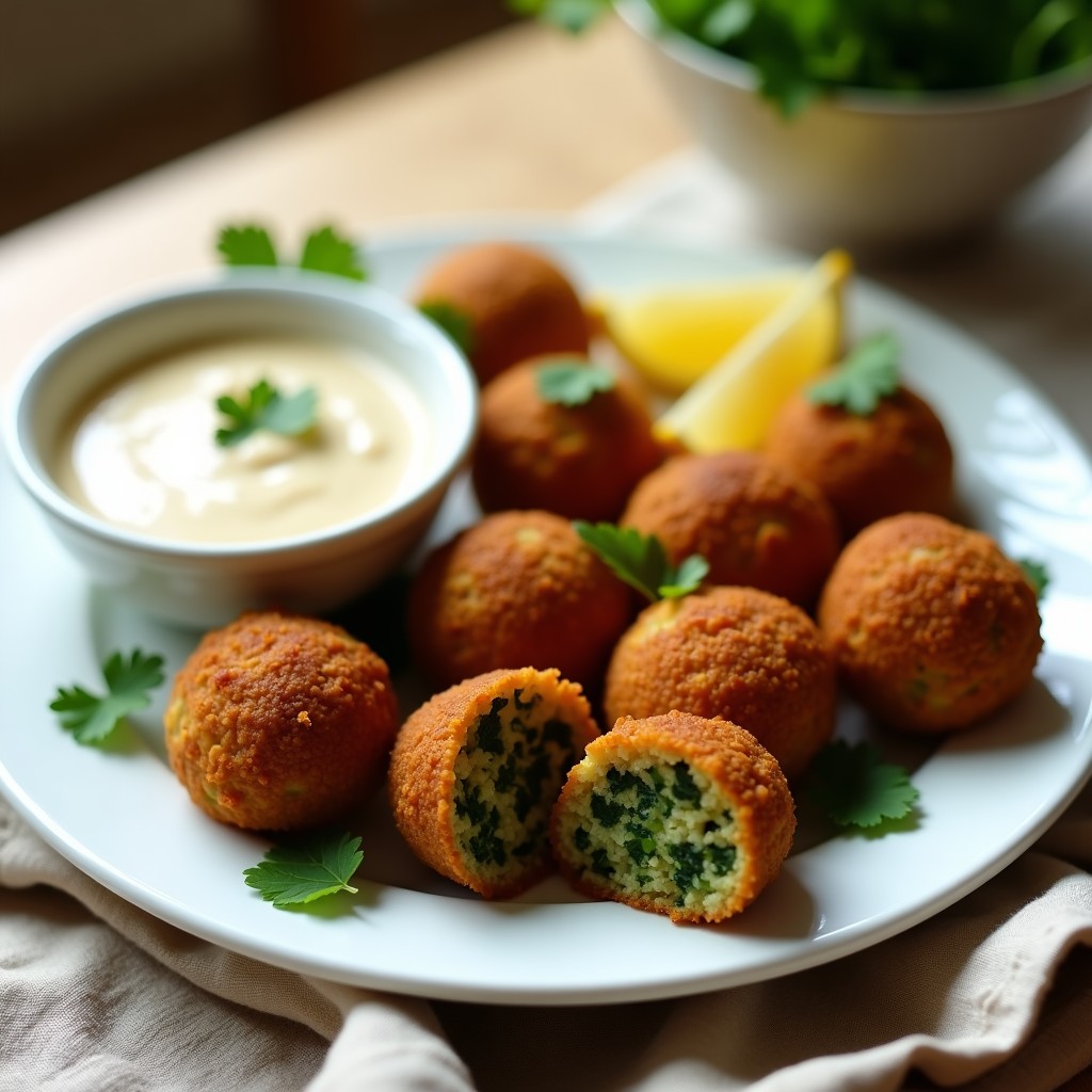 Plato blanco con bolitas doradas de lentejas corail y espinacas, crujientes por fuera, acompañadas de salsa cremosa de tahini y limón en un bol pequeño. Fondos de espinacas frescas y semillas de sésamo esparcidas. Receta de aperitivo proteico en airfryer.