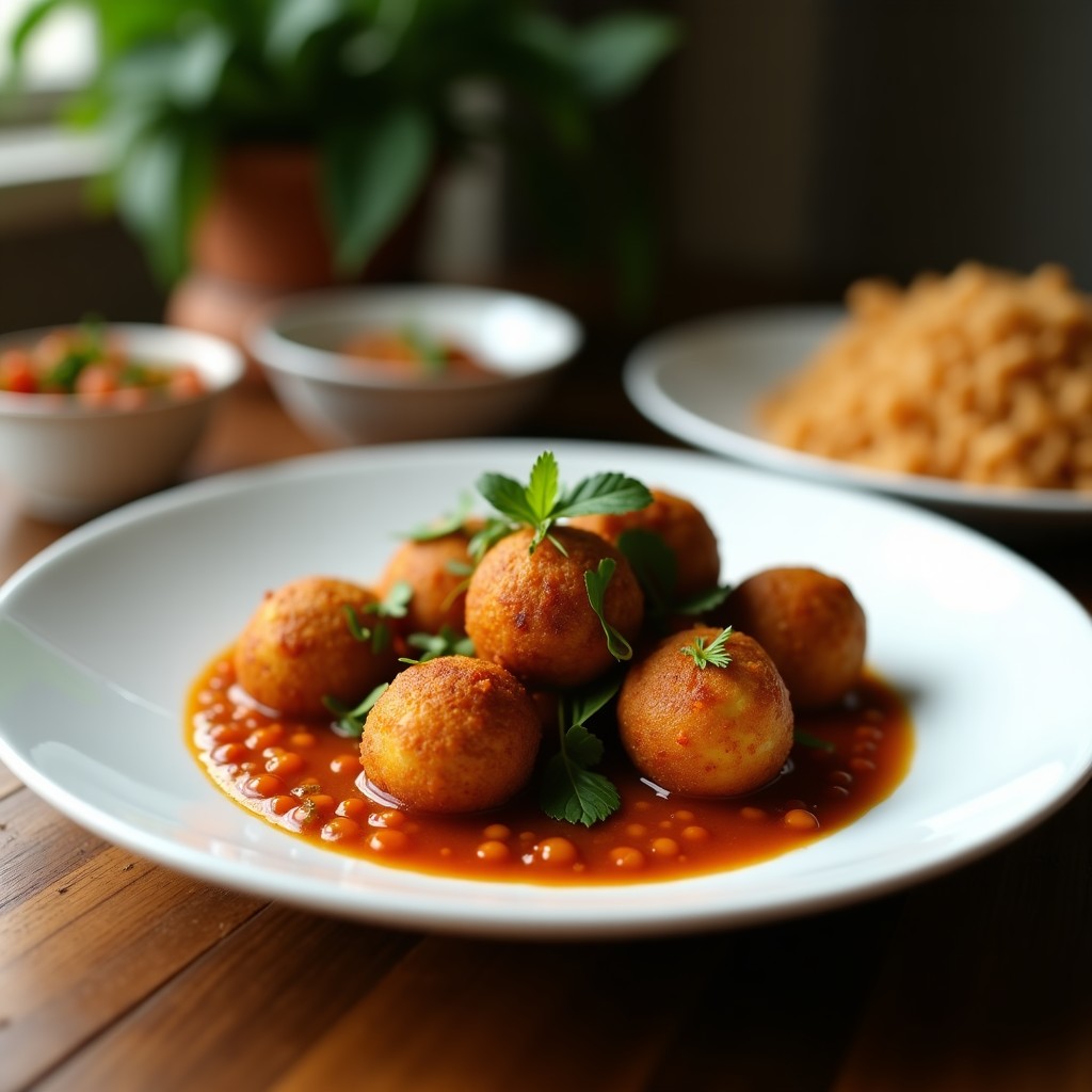 Bolitas doradas y crujientes de lentejas rojas y coco servidas en un plato de madera rústico, acompañadas de un bol pequeño con salsa de tamarindo de color ámbar. Semillas de sésamo tostadas espolvoreadas por encima y hojas de cilantro fresco como decoración. Fondo desenfocado con especias indias y un airfryer al lado.