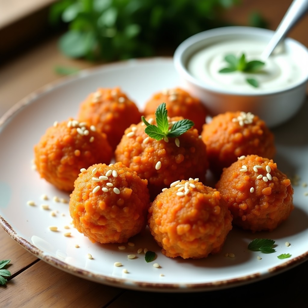 Bolitas doradas y crujientes de lentejas rojas y zanahoria servidas en un plato blanco rústico, acompañadas de un bol pequeño con salsa de yogur cremosa y espolvoreadas con semillas de sésamo. Receta vegana en airfryer, aperitivo saludable y alto en proteína.