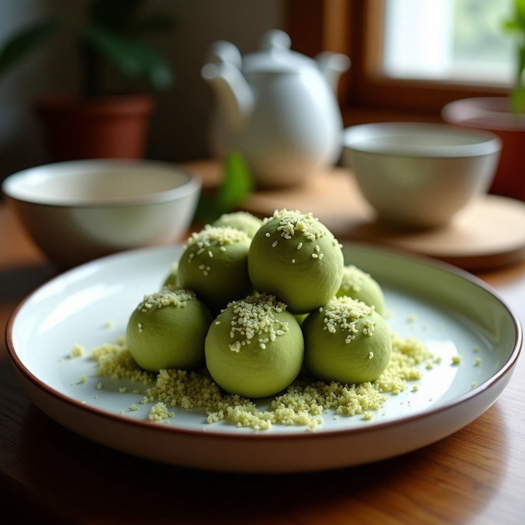 Bolitas de matcha y coco rallado dispuestas en una fuente de cerámica blanca, con un fondo de hojas de menta y un cuenco pequeño de coco rallado al lado. Postre keto sin horno y energético.