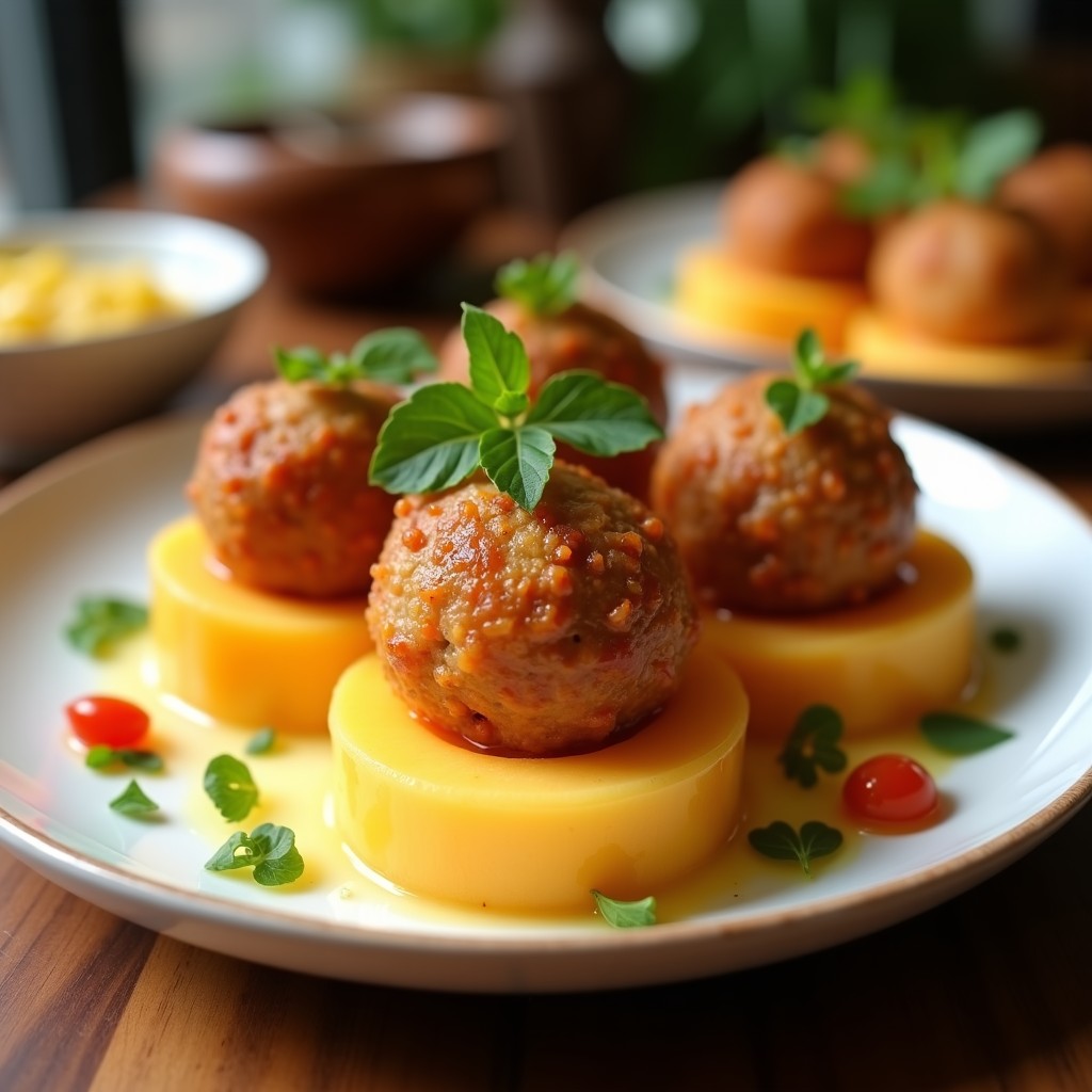Bolitas doradas y crujientes de melón galia rellenas de jamón serrano, servidas en bandeja de madera con hilo de miel y almendras fileteadas, aperitivo español fresco.