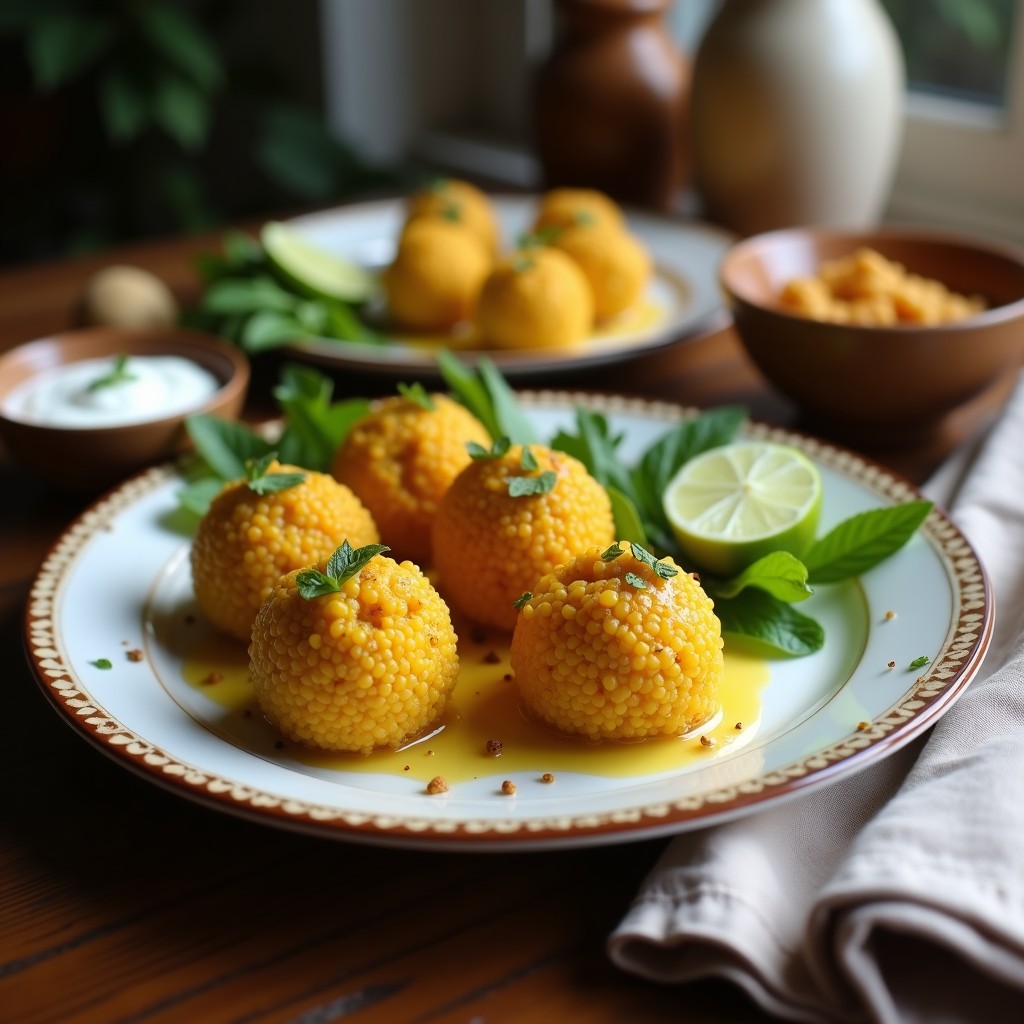 Plato blanco con bolitas doradas de mijo y cúrcuma, espolvoreadas con semillas de sésamo, acompañadas de un dip cremoso de yogur de coco en un cuenco pequeño. Decoración con hojas de cilantro fresco y rodajas de limón al fondo.