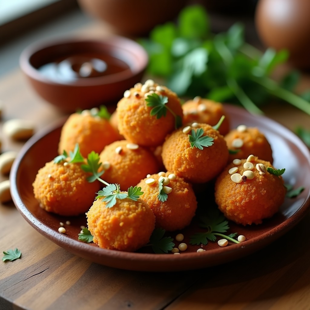 Bolitas doradas de ñame y cacahuete servidas en un plato de barro con salsa de soja y jengibre, decoradas con cilantro fresco y cacahuetes triturados. Aperitivo africano crujiente y sin gluten preparado en airfryer.