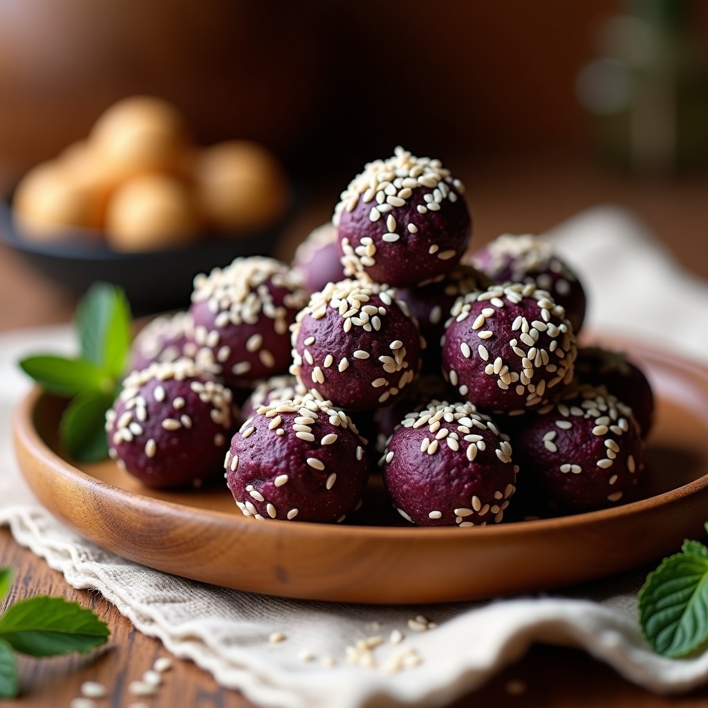 Bolitas de ñame y cacahuete vegano africano, cubiertas de semillas de sésamo tostado, dispuestas en un plato de madera rústico con hojas de plátano de fondo, snack alto en energía y proteína.