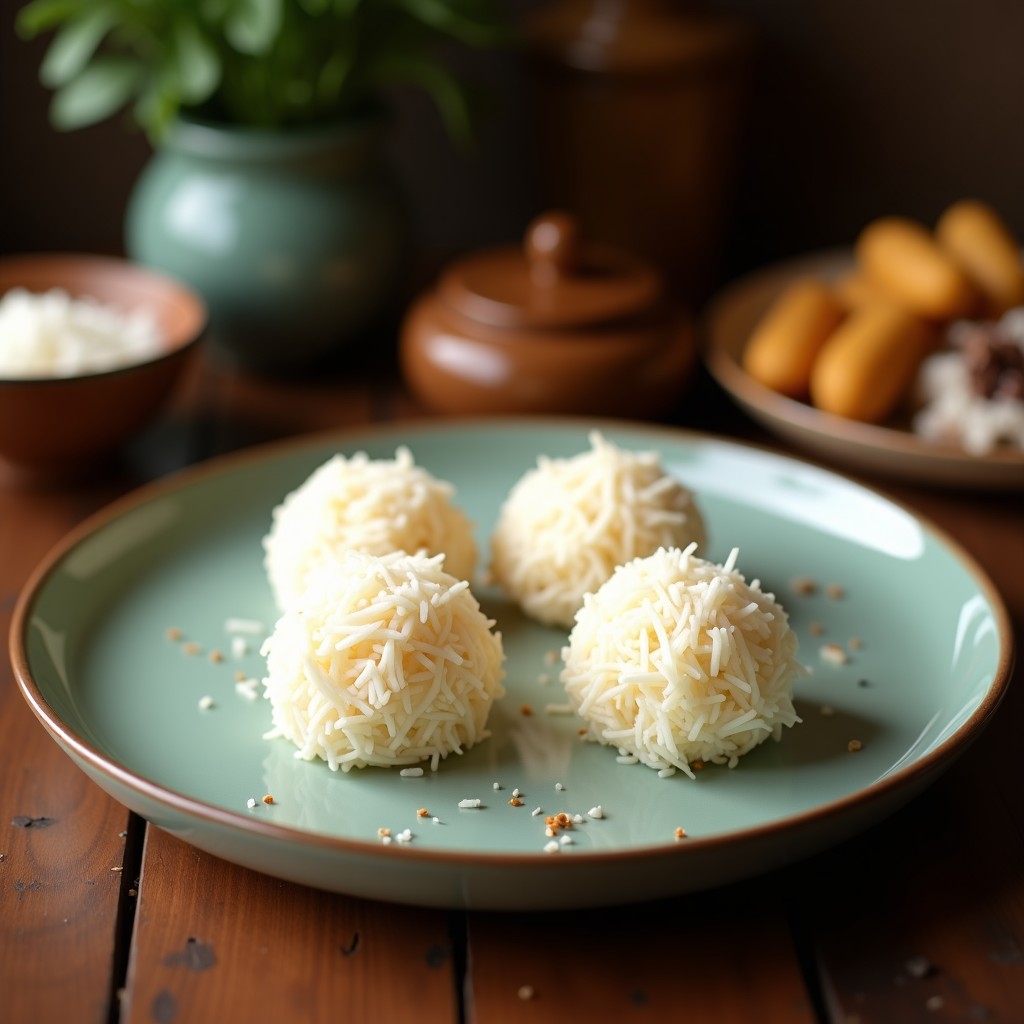 Bolitas doradas de ñame y coco rallado sobre un plato de madera rústico, con un fondo de hojas de plátano y una salsa cremosa de yogur de coco. Aperitivo colombiano sin gluten cocinado en airfryer.