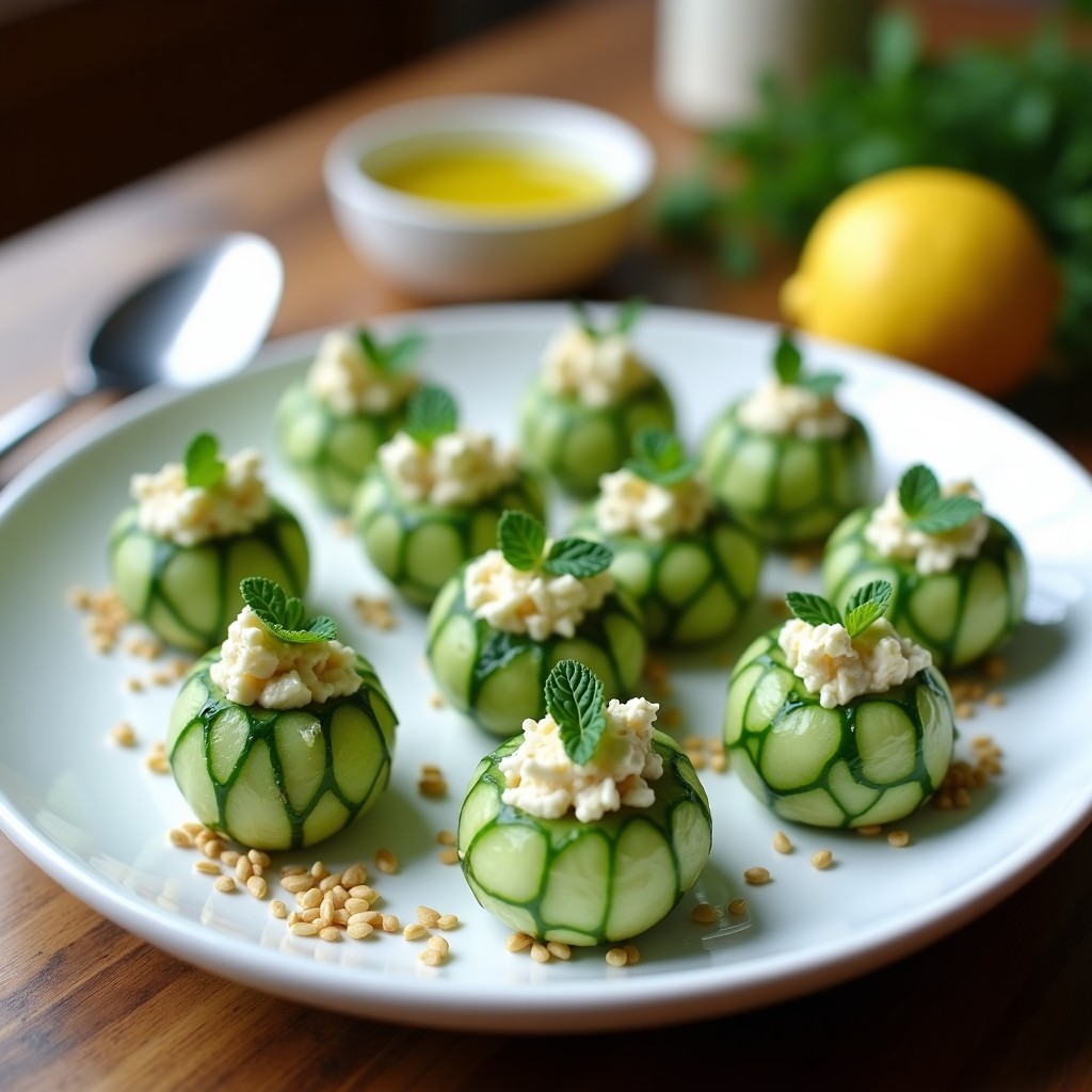 Bolitas de pepino y queso feta con eneldo servidas en bandeja blanca de cerámica, decoradas con hojas de menta y semillas de sésamo, aperitivo griego fresco y bajo en carbohidratos.